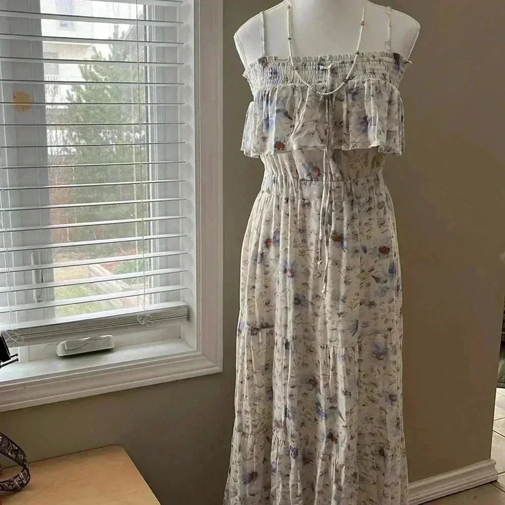[S]American Eagle  Double spaghetti Straps Floral Ruffle Maxi Tiered Dress